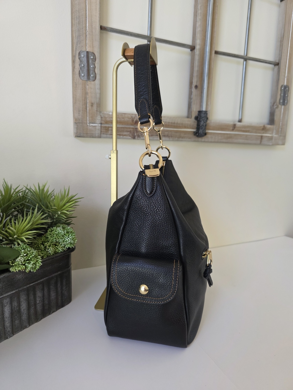 Coach Pennie Hobo Shoulder Bag Black Pebbled Leather Gold Tone C Mini Charm - Picture 6 of 13